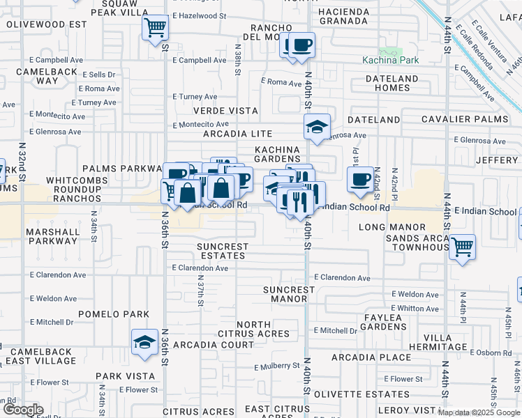 map of restaurants, bars, coffee shops, grocery stores, and more near 3815 East Indian School Road in Phoenix