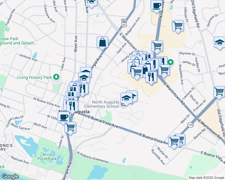 map of restaurants, bars, coffee shops, grocery stores, and more near 101 Spring Oak Lane in North Augusta