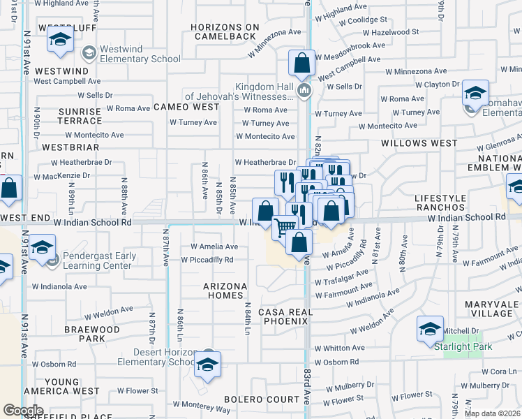 map of restaurants, bars, coffee shops, grocery stores, and more near 4111 North 84th Circle in Phoenix