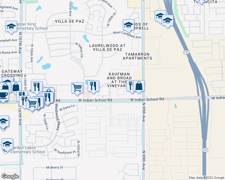 map of restaurants, bars, coffee shops, grocery stores, and more near 4131 North 100th Avenue in Phoenix