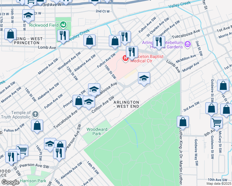 map of restaurants, bars, coffee shops, grocery stores, and more near 1008 Cotton Avenue Southwest in Birmingham