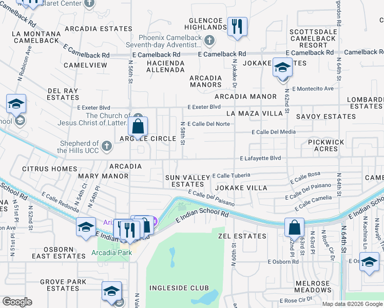 map of restaurants, bars, coffee shops, grocery stores, and more near 5824 North 58th Place in Phoenix
