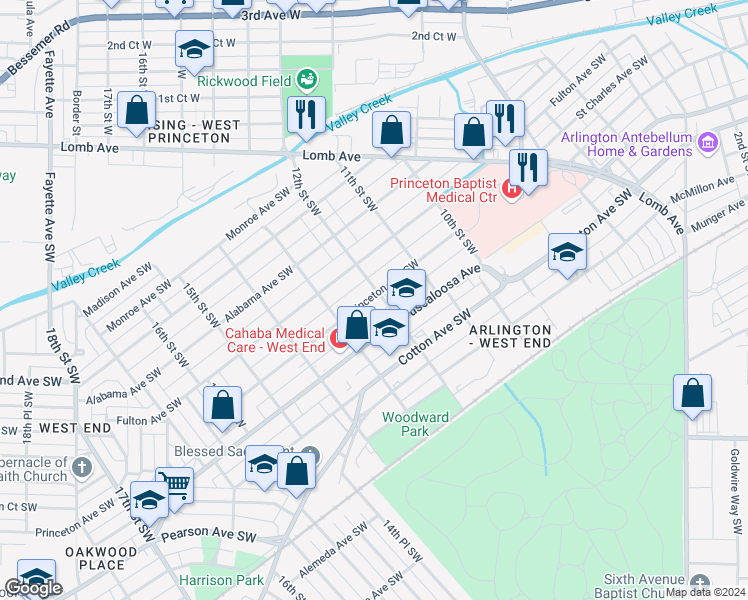 map of restaurants, bars, coffee shops, grocery stores, and more near 600 12th Street Southwest in Birmingham