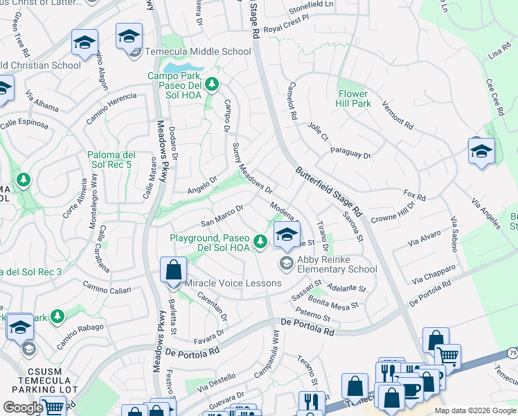 map of restaurants, bars, coffee shops, grocery stores, and more near 43461 Modena Drive in Temecula