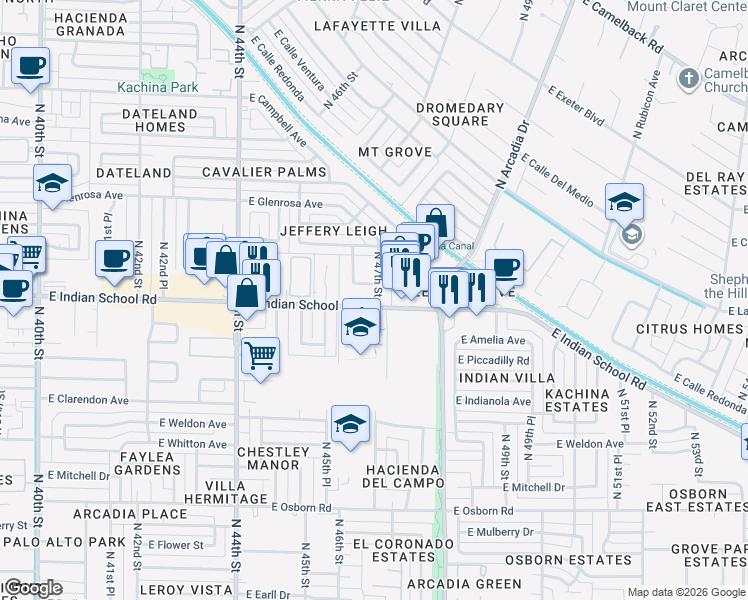 map of restaurants, bars, coffee shops, grocery stores, and more near 4634 East Indian School Road in Phoenix
