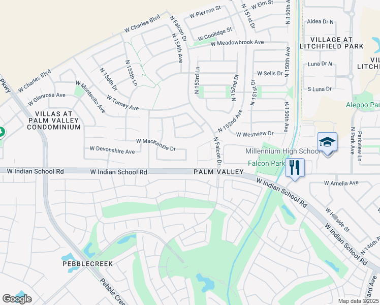 map of restaurants, bars, coffee shops, grocery stores, and more near 4197 North 153rd Drive in Goodyear