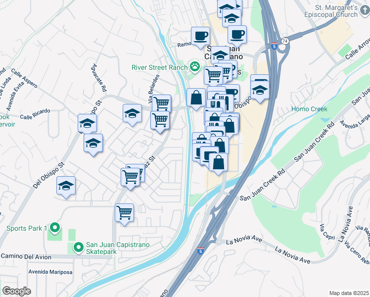 map of restaurants, bars, coffee shops, grocery stores, and more near 32302 Alipaz Street in San Juan Capistrano