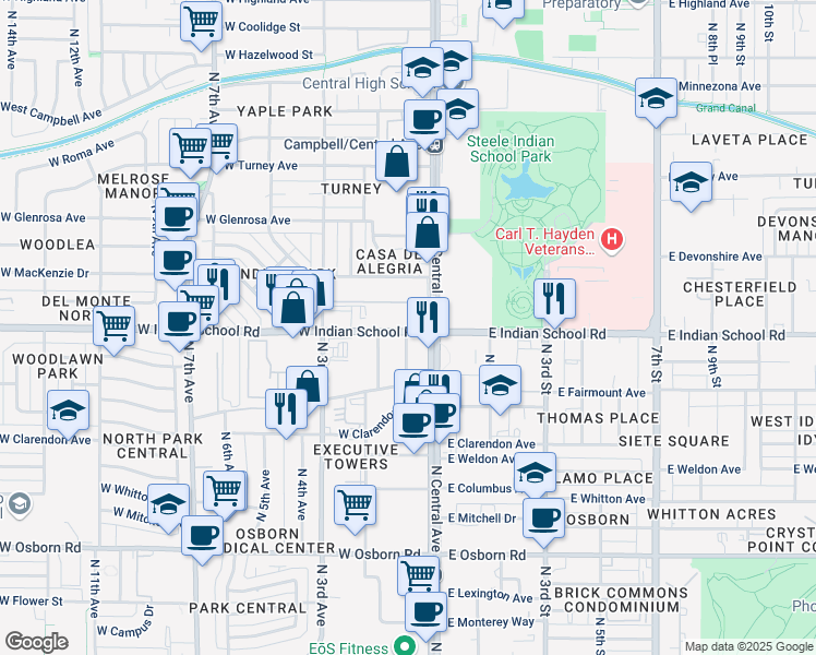 map of restaurants, bars, coffee shops, grocery stores, and more near 198 West Indian School Road in Phoenix