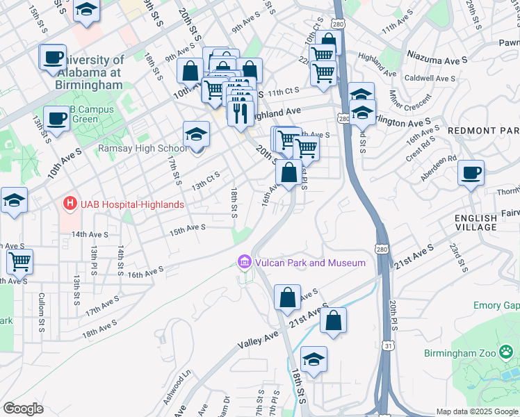 map of restaurants, bars, coffee shops, grocery stores, and more near 1908 16th Ave S in Birmingham