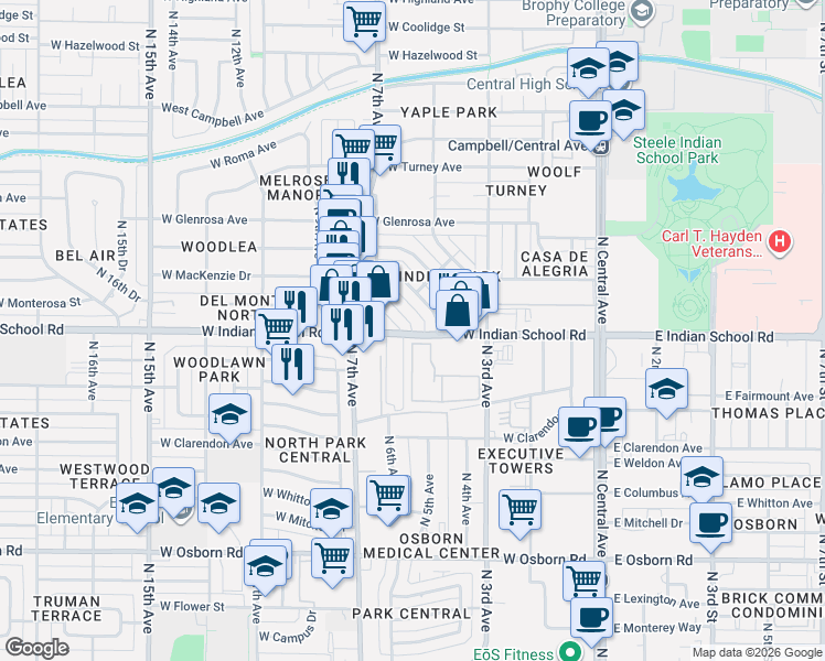 map of restaurants, bars, coffee shops, grocery stores, and more near 602 West Indian School Road in Phoenix