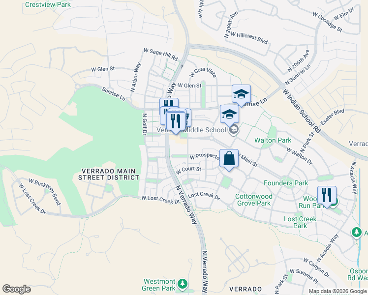 map of restaurants, bars, coffee shops, grocery stores, and more near 4184 North Village Street in Buckeye