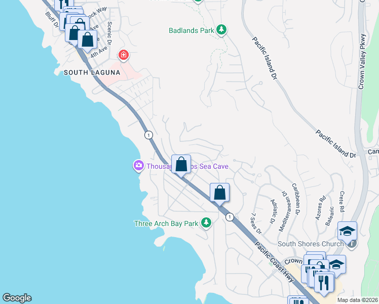 map of restaurants, bars, coffee shops, grocery stores, and more near 21 No Vista De La Luna in Laguna Beach