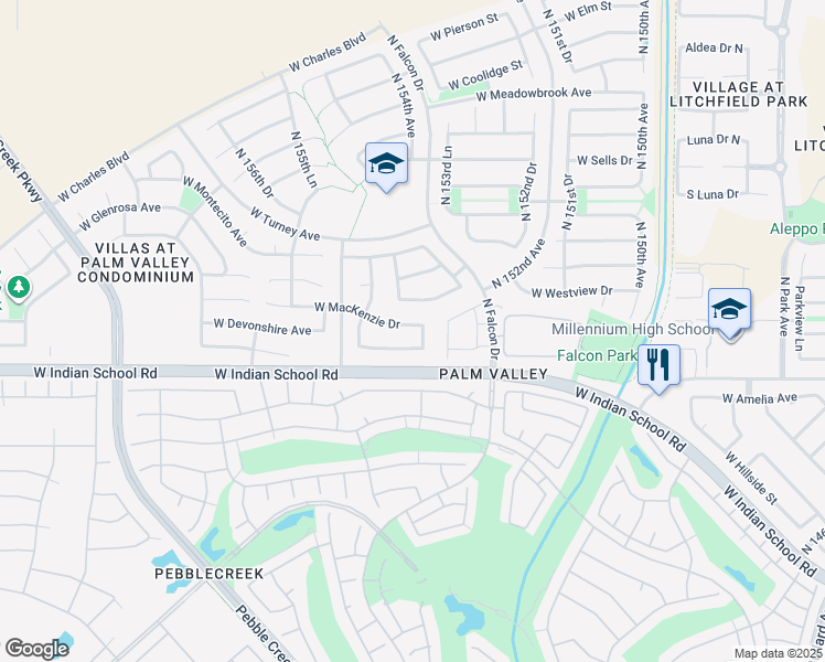 map of restaurants, bars, coffee shops, grocery stores, and more near 4197 North 153rd Drive in Goodyear