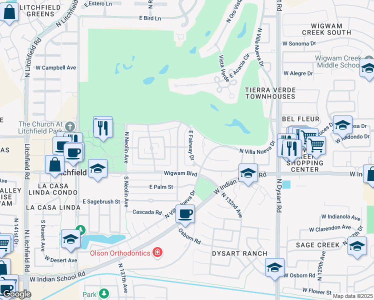 map of restaurants, bars, coffee shops, grocery stores, and more near 655 East Fairway Drive in Litchfield Park