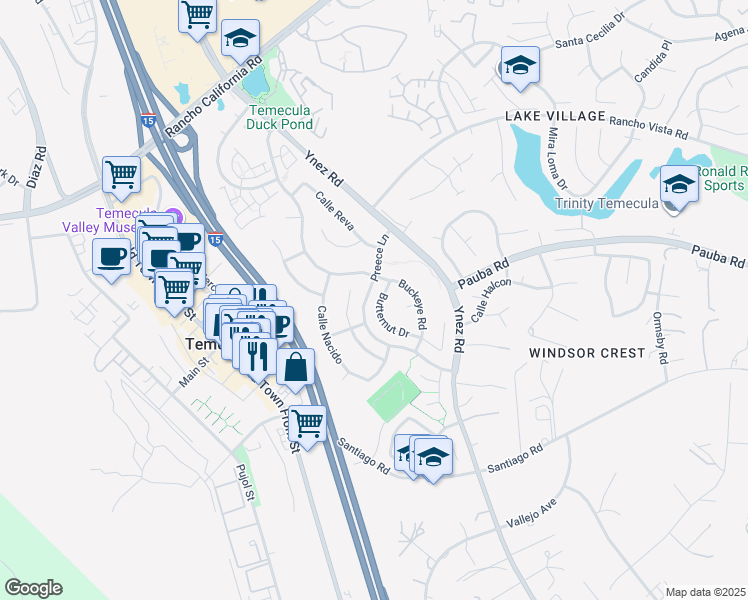 map of restaurants, bars, coffee shops, grocery stores, and more near 43882 Butternut Drive in Temecula