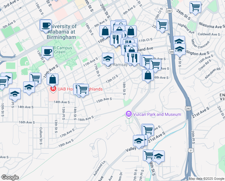 map of restaurants, bars, coffee shops, grocery stores, and more near 1725 14th Court South in Birmingham