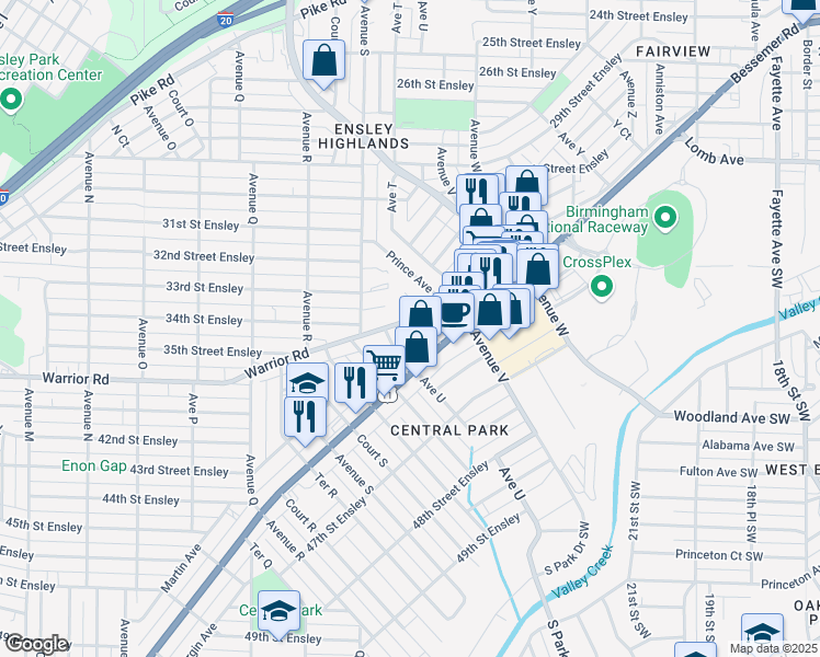 map of restaurants, bars, coffee shops, grocery stores, and more near 1947 Warrior Road in Birmingham
