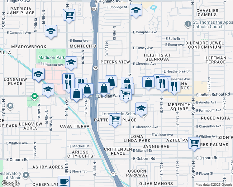 map of restaurants, bars, coffee shops, grocery stores, and more near 1910 East Indian School Road in Phoenix