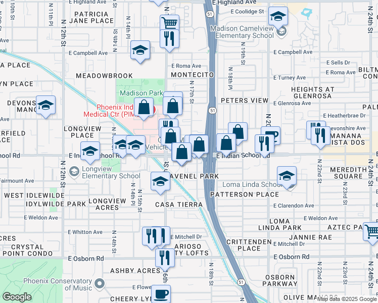 map of restaurants, bars, coffee shops, grocery stores, and more near 1648 East Indian School Road in Phoenix