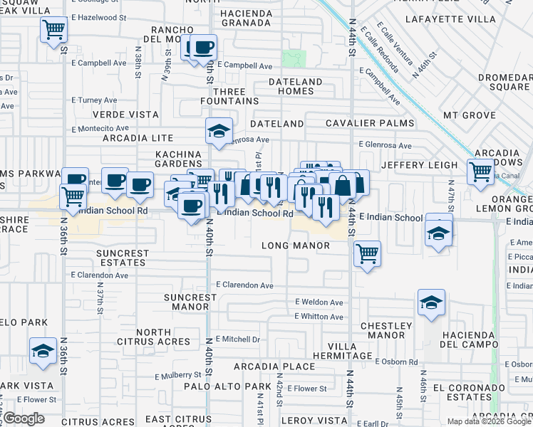 map of restaurants, bars, coffee shops, grocery stores, and more near 4126 East Indian School Road in Phoenix