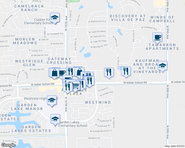 map of restaurants, bars, coffee shops, grocery stores, and more near 10458 West Monterosa Street in Phoenix