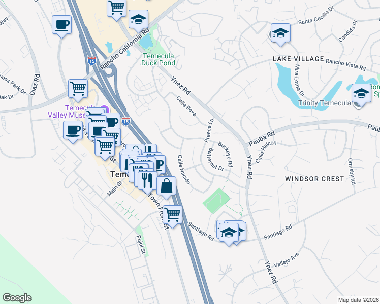map of restaurants, bars, coffee shops, grocery stores, and more near 43342 Calle Nacido in Temecula
