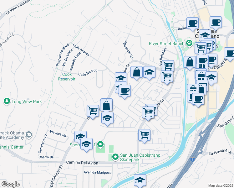 map of restaurants, bars, coffee shops, grocery stores, and more near 32200 Del Obispo Street in San Juan Capistrano