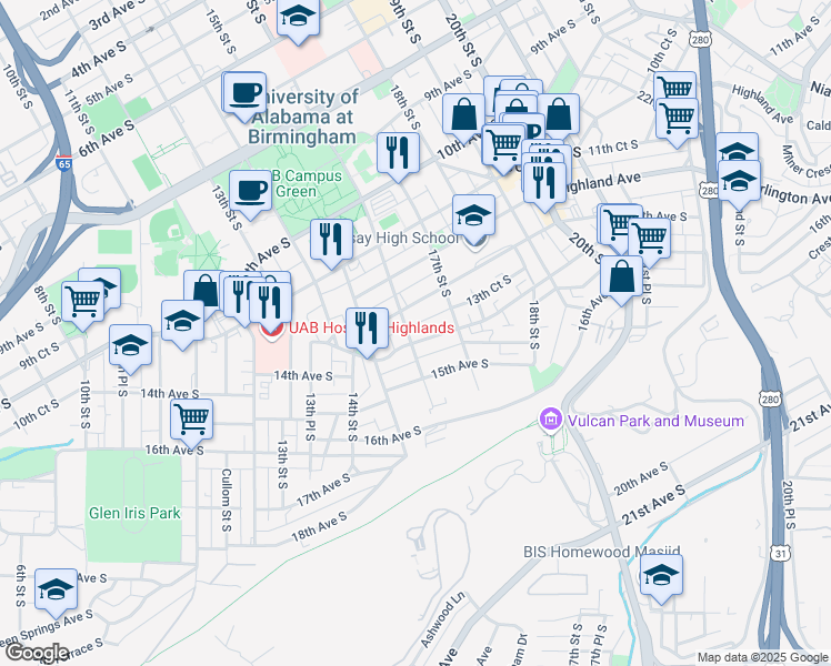 map of restaurants, bars, coffee shops, grocery stores, and more near 1608 14th Avenue South in Birmingham