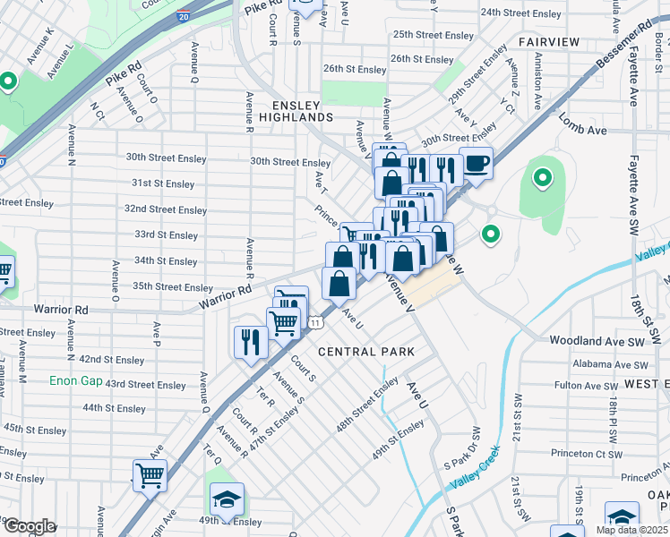 map of restaurants, bars, coffee shops, grocery stores, and more near 1947 Warrior Road in Birmingham