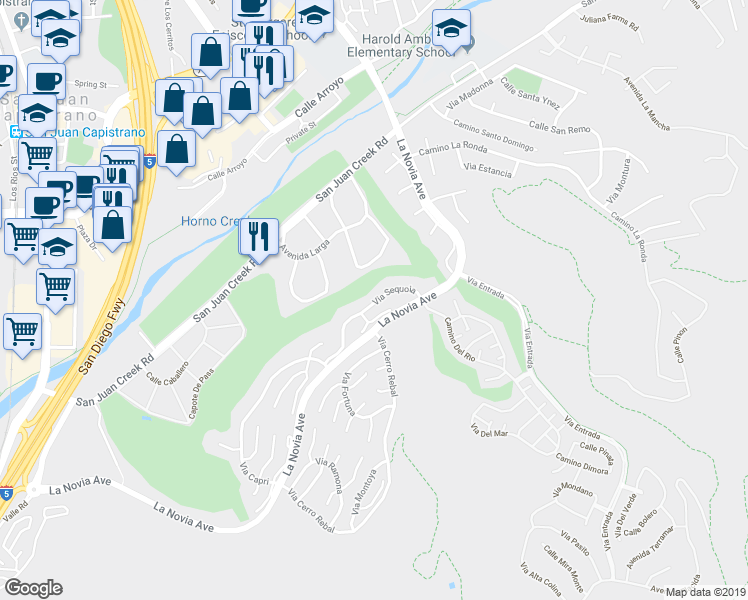 map of restaurants, bars, coffee shops, grocery stores, and more near 27593 Via Sequoia in San Juan Capistrano