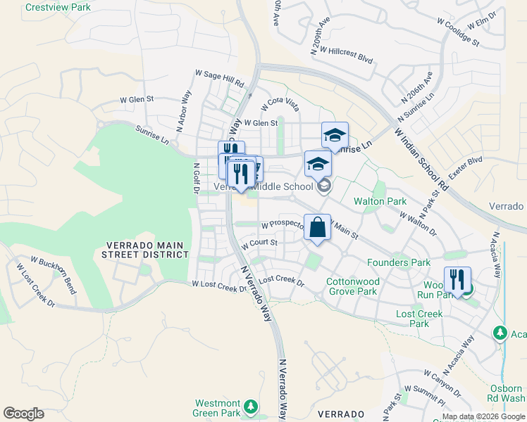 map of restaurants, bars, coffee shops, grocery stores, and more near 4184 North Village Street in Buckeye