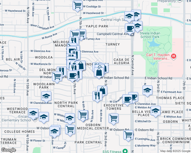 map of restaurants, bars, coffee shops, grocery stores, and more near 450 W Indian School Rd in Phoenix