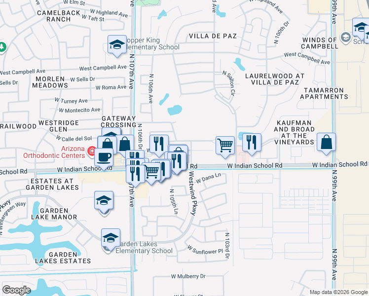 map of restaurants, bars, coffee shops, grocery stores, and more near 10458 West Monterosa Street in Phoenix