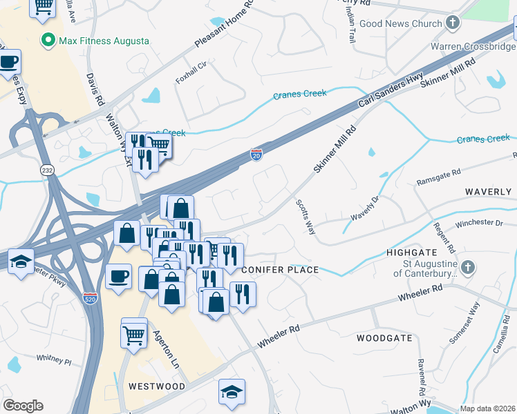 map of restaurants, bars, coffee shops, grocery stores, and more near 38 Park Place Circle in Augusta