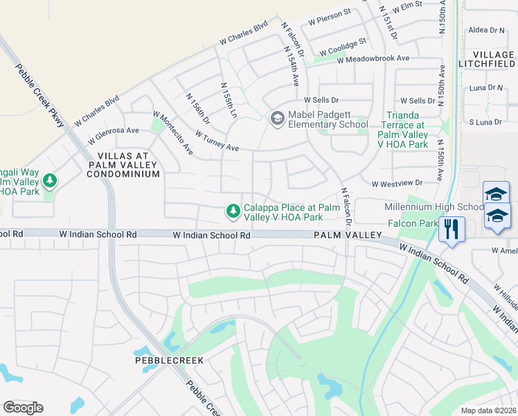 map of restaurants, bars, coffee shops, grocery stores, and more near 4190 North 154th Drive in Goodyear