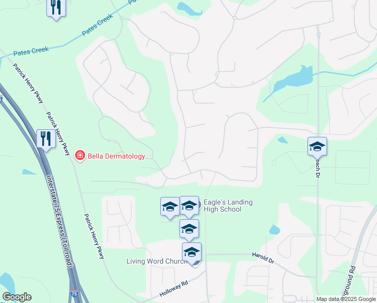 map of restaurants, bars, coffee shops, grocery stores, and more near 111 Congressional Court in McDonough