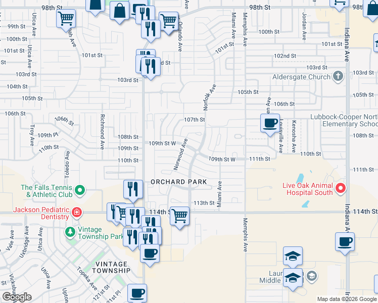 map of restaurants, bars, coffee shops, grocery stores, and more near 4003 109th Street in Lubbock
