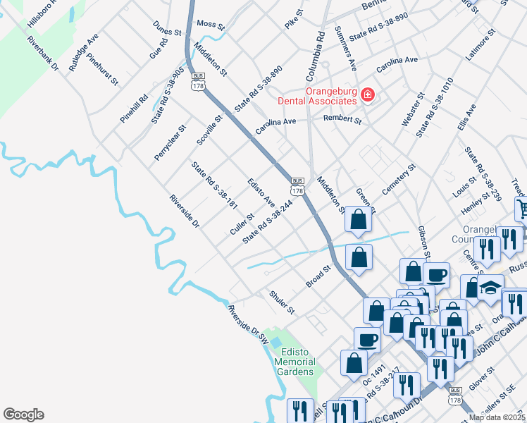 map of restaurants, bars, coffee shops, grocery stores, and more near 241 Culler Street in Orangeburg
