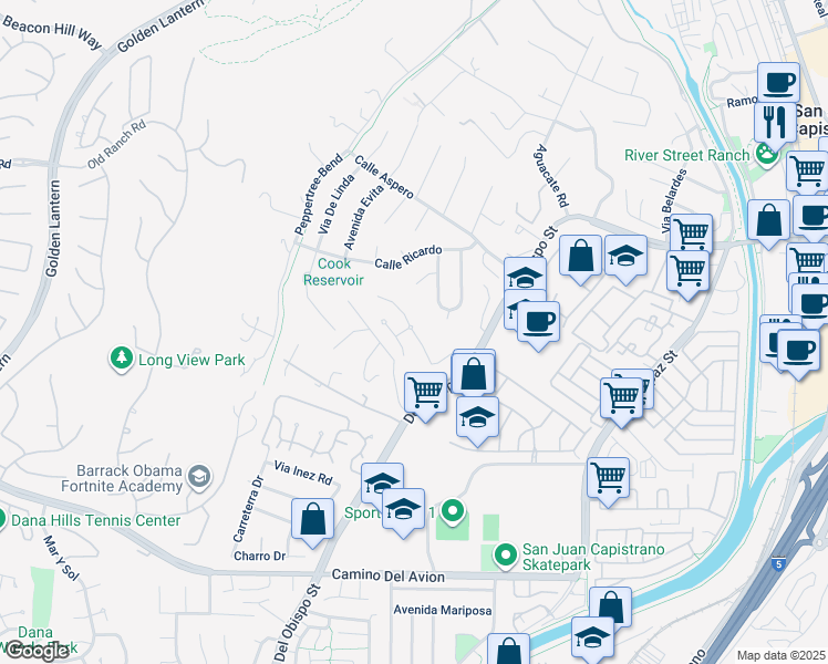 map of restaurants, bars, coffee shops, grocery stores, and more near 32260 Via Angelica in San Juan Capistrano
