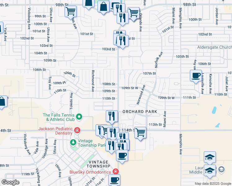map of restaurants, bars, coffee shops, grocery stores, and more near 4403 109th Street in Lubbock