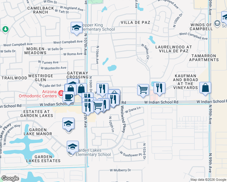 map of restaurants, bars, coffee shops, grocery stores, and more near 10458 West Monterosa Street in Phoenix