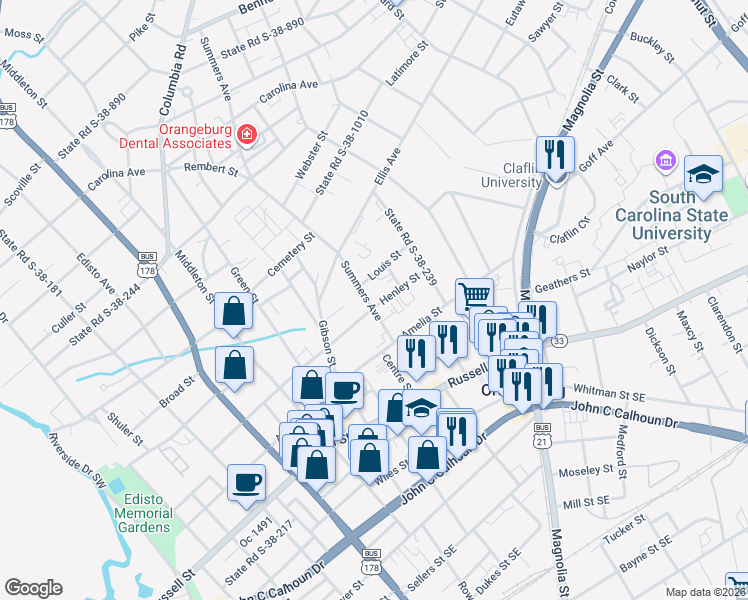 map of restaurants, bars, coffee shops, grocery stores, and more near 503 Summers Avenue in Orangeburg