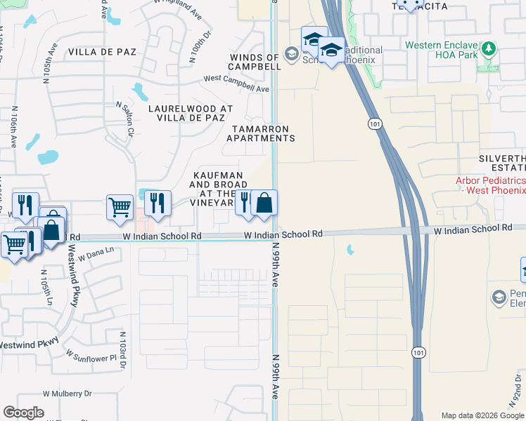 map of restaurants, bars, coffee shops, grocery stores, and more near 4200 North 99th Avenue in Phoenix
