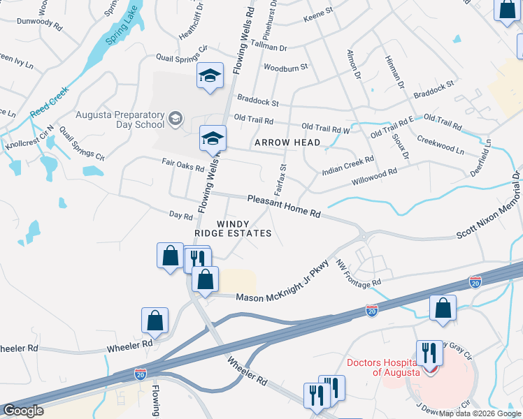 map of restaurants, bars, coffee shops, grocery stores, and more near 401 Old Anderson Road in Augusta