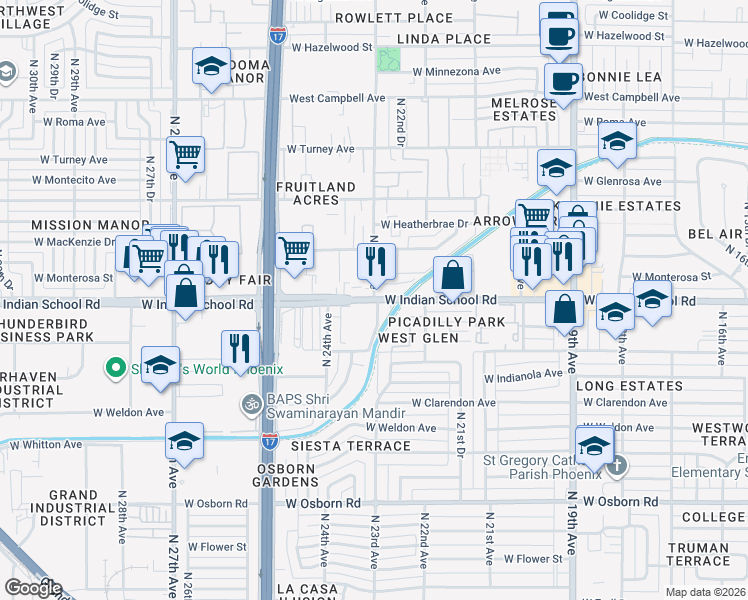 map of restaurants, bars, coffee shops, grocery stores, and more near W Indian School Rd & N 23rd Ave in Phoenix