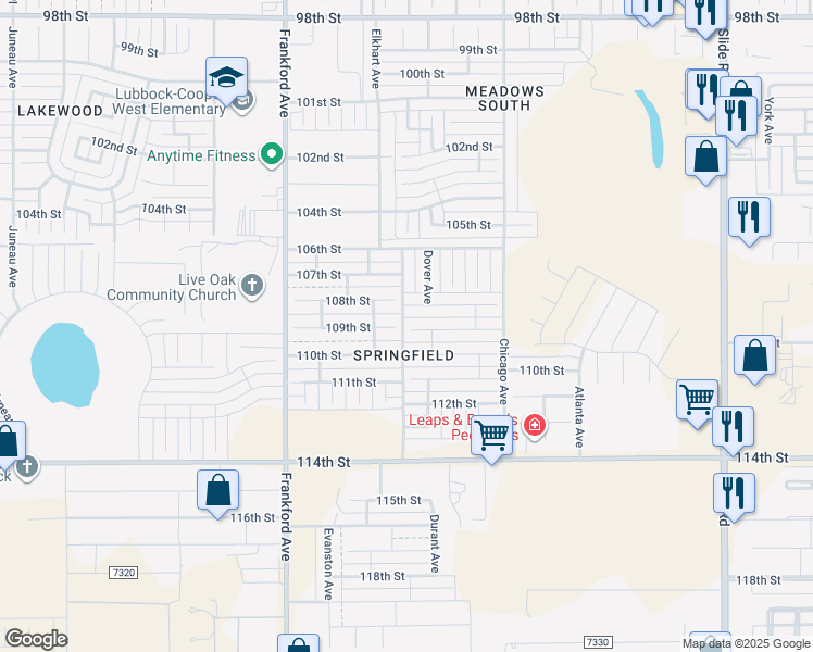 map of restaurants, bars, coffee shops, grocery stores, and more near 5705 109th Street in Lubbock