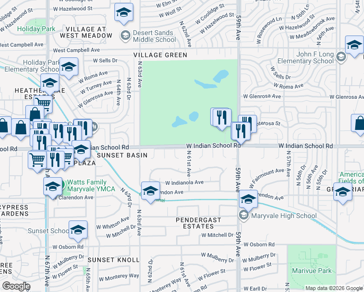 map of restaurants, bars, coffee shops, grocery stores, and more near 6125 West Indian School Road in Phoenix