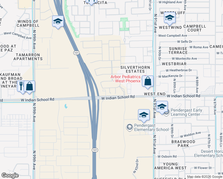map of restaurants, bars, coffee shops, grocery stores, and more near 9355 West Monterosa Street in Phoenix