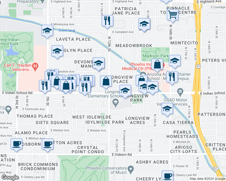 map of restaurants, bars, coffee shops, grocery stores, and more near 1202 East Indian School Road in Phoenix