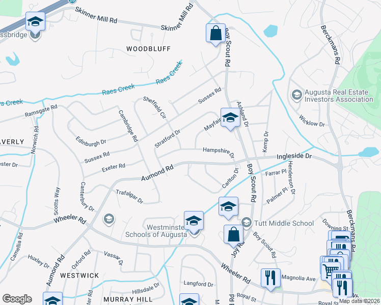 map of restaurants, bars, coffee shops, grocery stores, and more near 2928 Hampshire Drive in Augusta